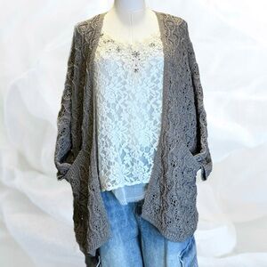 POL Crochet Gray Slouchy Lace Knit Women's Cardigan M Oversized Chunky Cozy